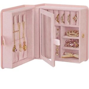 Pink Velvet Travel Jewelry Box with Mirror